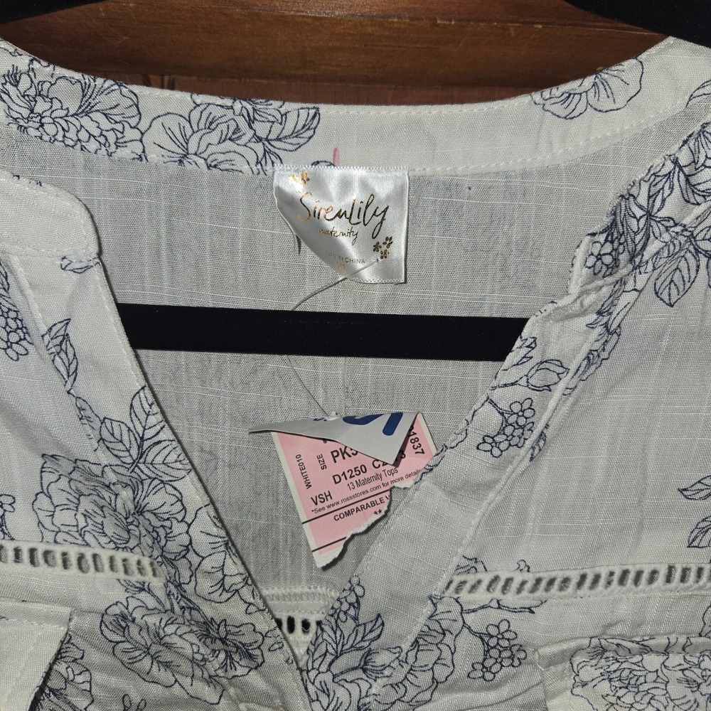 Sirenlily Maternity Sleeveless Button Down Floral Top White Blue XL XLARGE